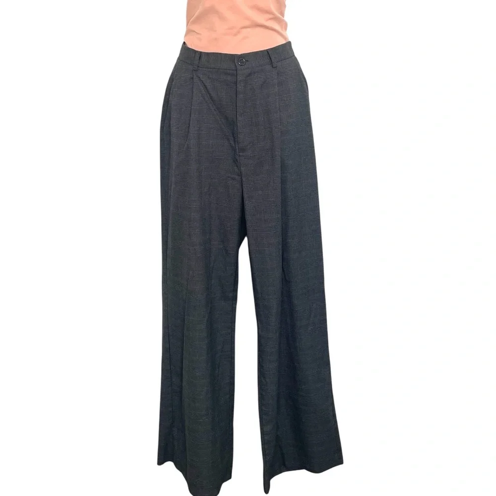 π Kendall & Kylie Gray/Blue Plaid Wide-Leg Trousers - Size Large - Picture 3 of 13